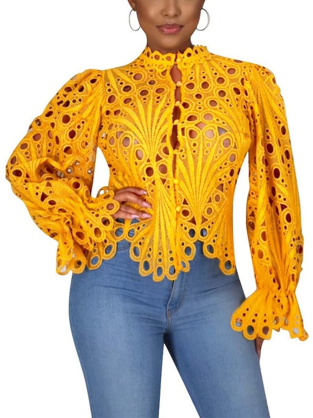 🆕Women’s Dark Yellow Lace Ruffle Puff Long Sleeve Button Down Tops Flare Tunic